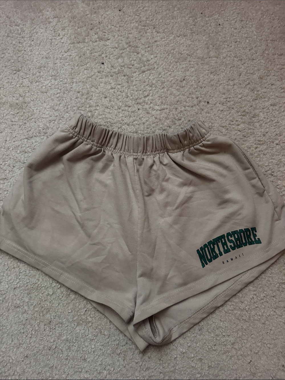 SHEIN Beige Athletic Shorts with Green Logo